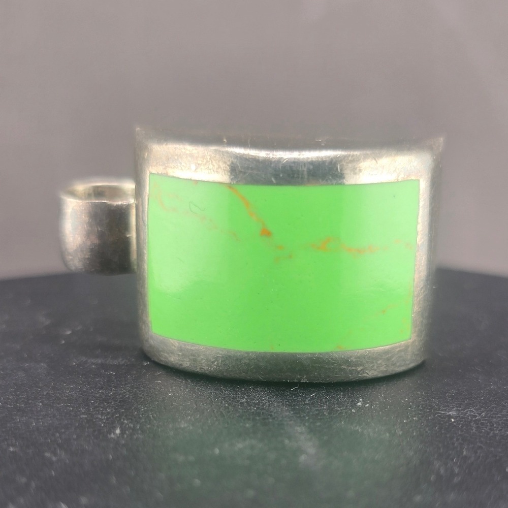 Vintage Estate Pendant Green Inlay MFX Sterling 925 MEX Rectangular Curved